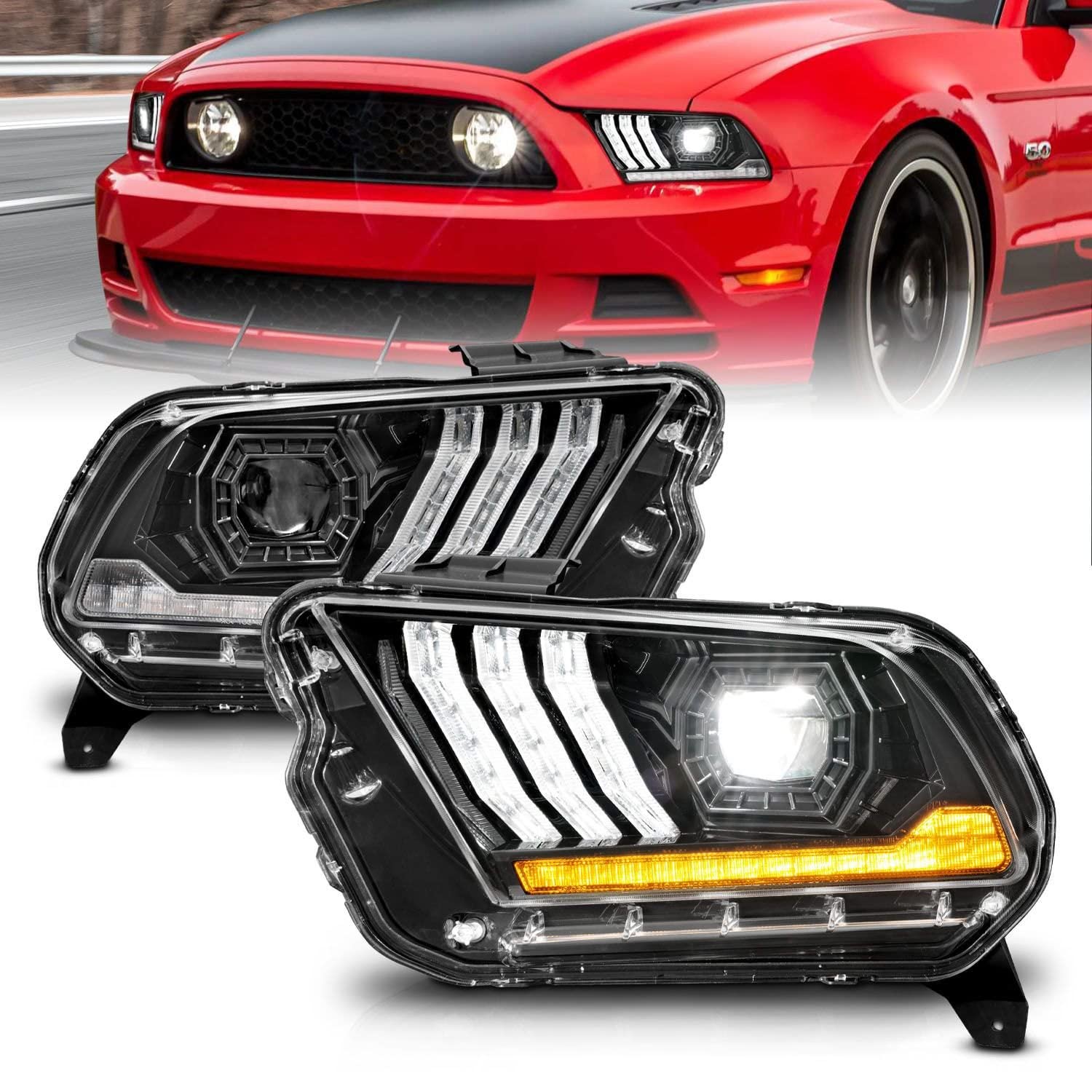 Projector Headlights ANZO 13-14 Ford Mustang (w/Factory HID/Xenon HL only) Black w/Light Bar
