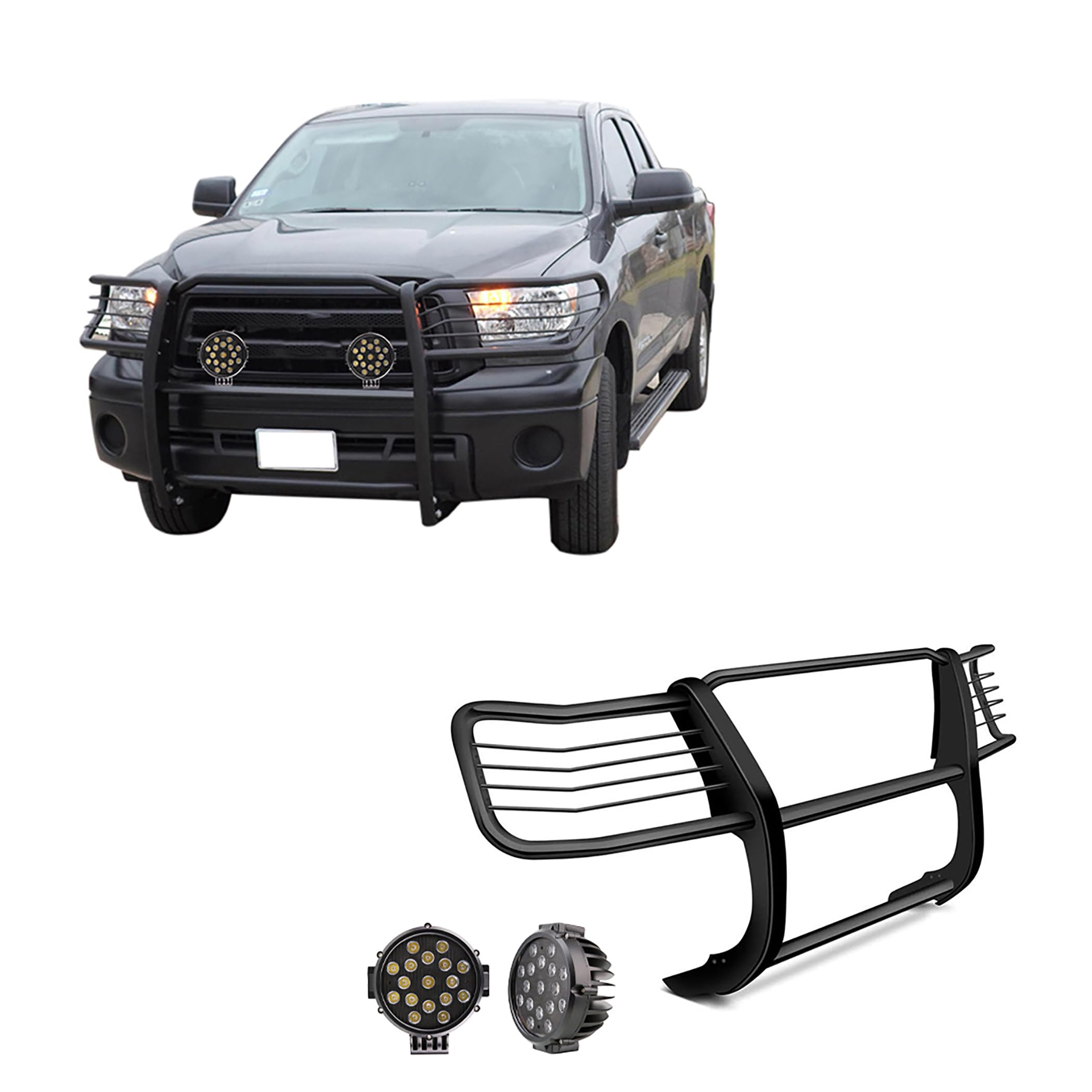 Bumper Guard Black Horse Grille Brush Modular Black Come with Pair of 7.0" Dia.LED Lights with Black Trim Rings Compatible with 2004-2006 Toyota Tundra-17TS27MA-PLB