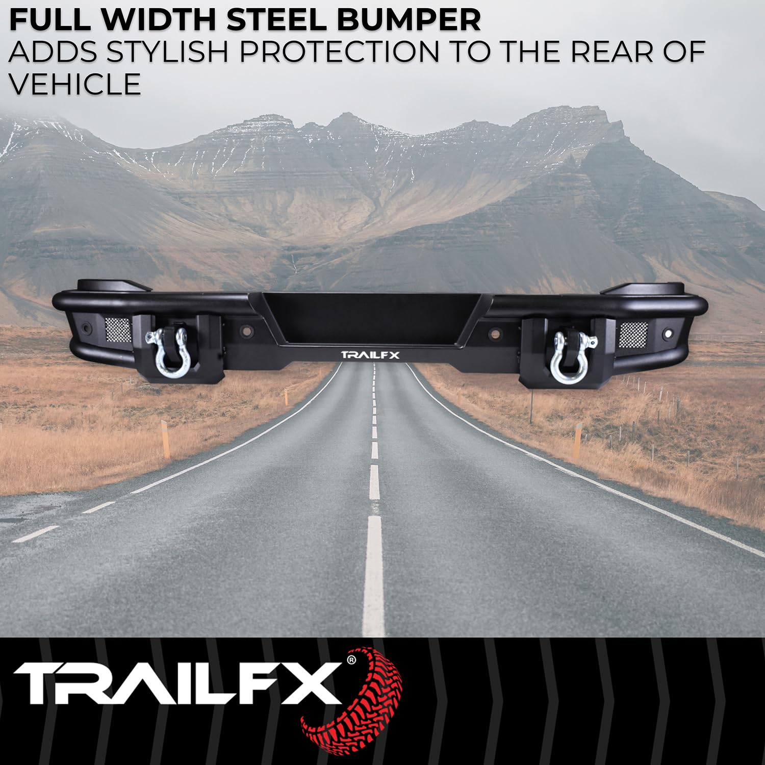 Rear Bumper TrailFX for Ford Bronco 2021-2025 Matte Black Powder Coated Steel Full Width D-Rings License Plate Bracket LED Cube Light Mounts TrailFX BR004T