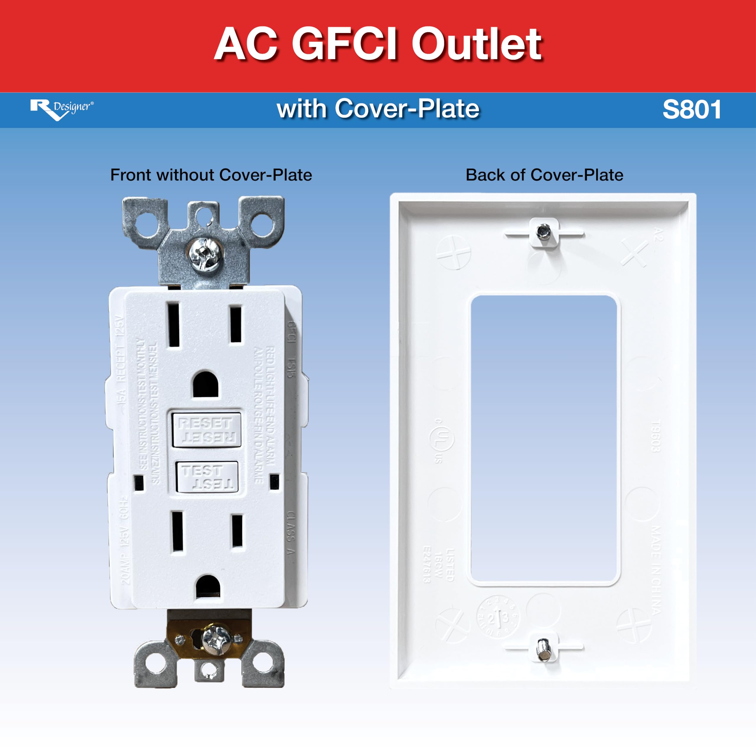 Dual GFCI Outlet S801, RV Designer with Cover Plate, White, AC Electrical