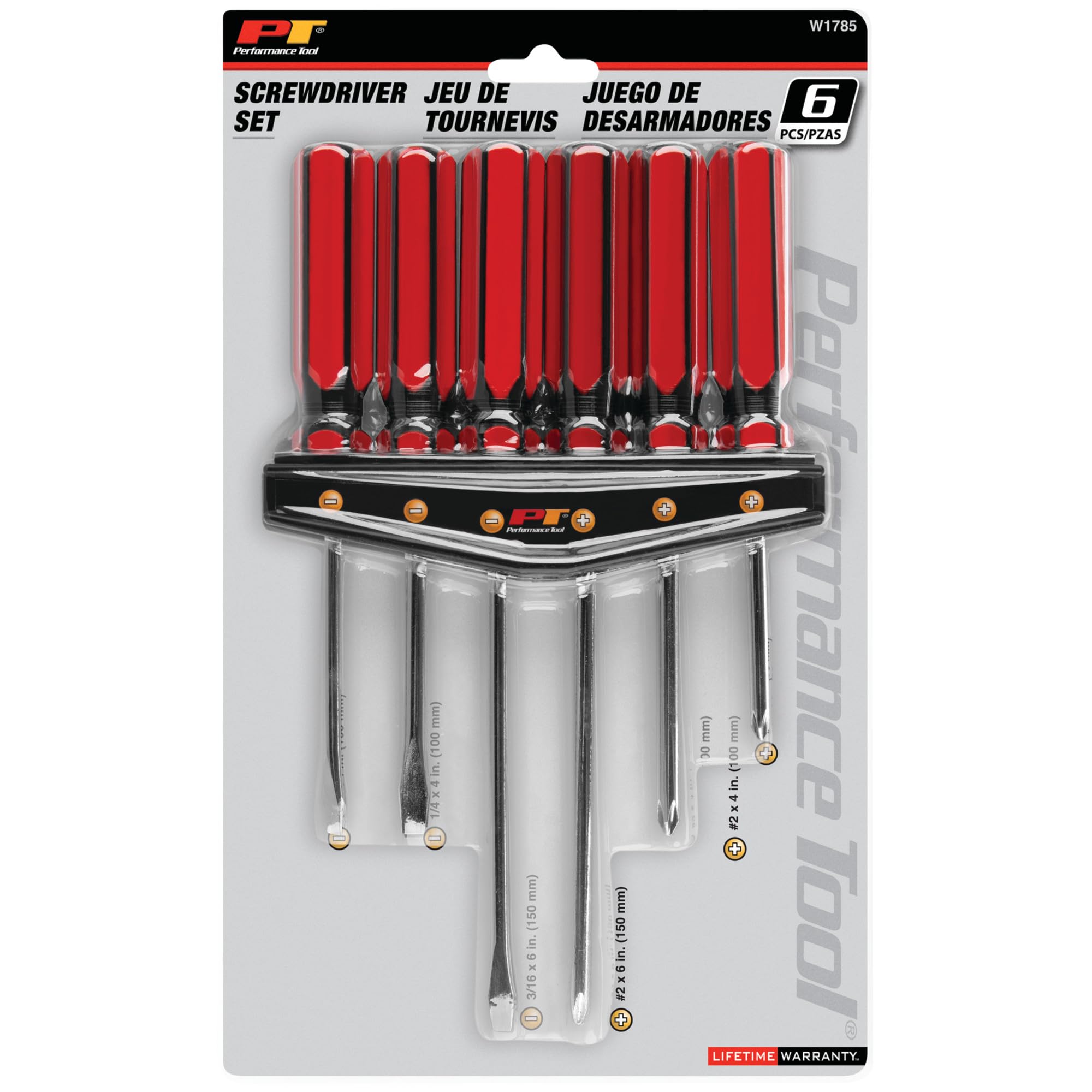 W1785 Performance Tool 6 Pc. Screwdriver Set - Phillips, Slotted, Alloy Steel Shafts, Chrome-Plated, Fluted Handles, Added Length for Hard-to-Reach Fasteners, Red/Black