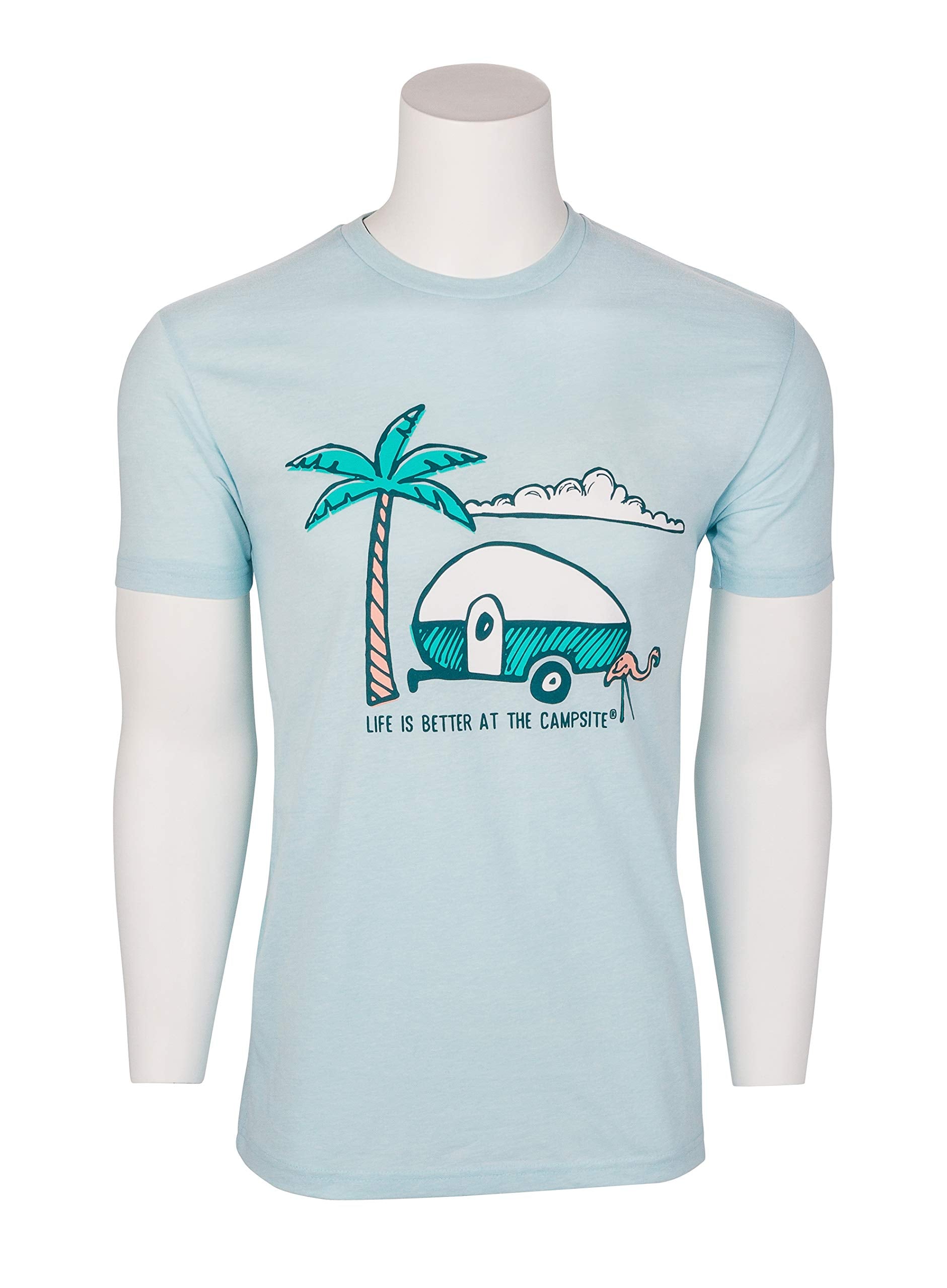 Camco Crew Neck Life is Better at The Campsite Short Sleeve T-Shirt | Features Soft Ring-Spun Cotton Fabric, Palm Tree and RV Design on Ice Blue, and is Machine Washable | Small (53335)