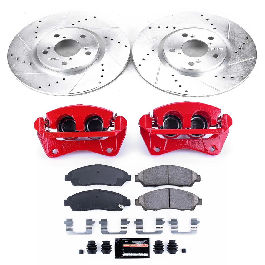 Power Stop KC5370A Front Caliper Kit with Brake Rotors Drilled and Slotted, Carbon Ceramic Brake Pads and Calipers For 2009 2010 2011 2012 2013 2014 2015 Honda Pilot