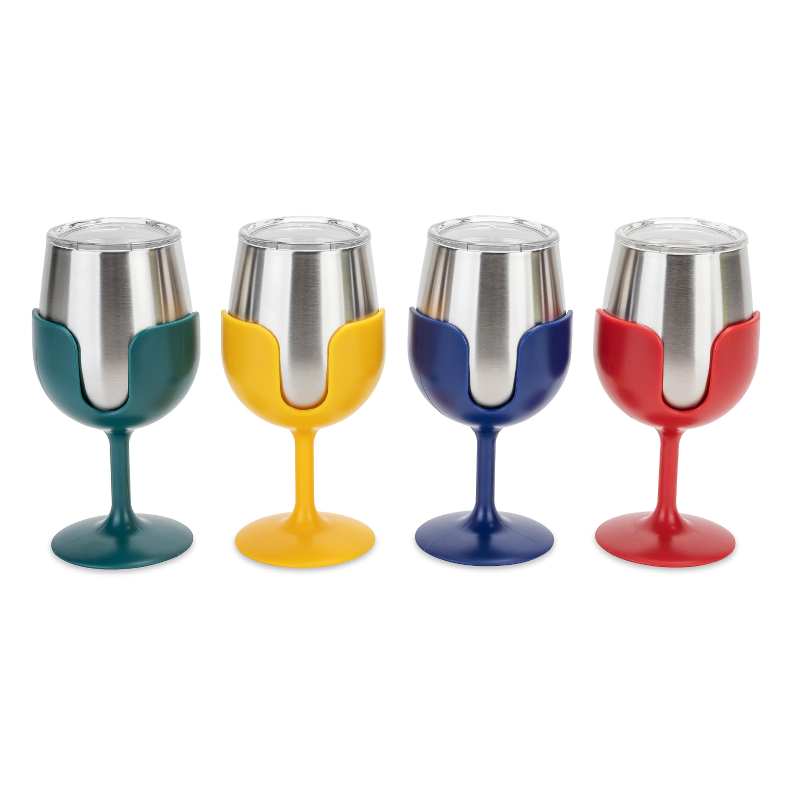 Camco Stainless Steel Wine Tumbler Life is Better at The Campsite 4-Pack - Features Heavy Duty Double Wall Vacuum Insulation & Removable Navy, Red, Green & Yellow Stems - Holds 8-oz Each (53465)