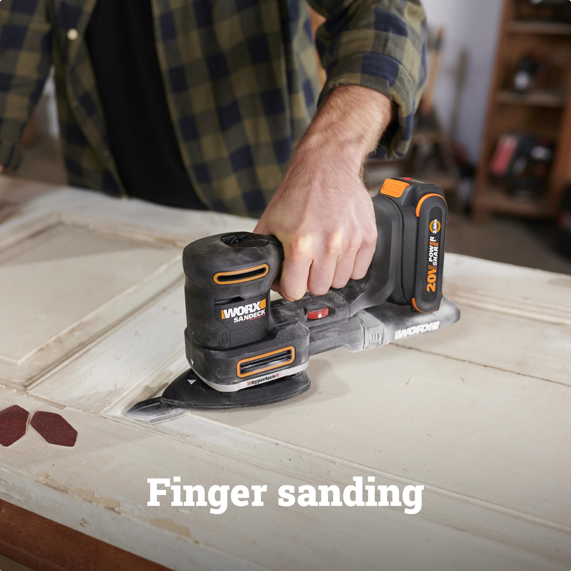 Cordless WORX Sander, 20V 10,000 orbits/minute Electric Sander, 5-in-1 Functions, Tool-less Sanding Pad Change, Tool Only, PowerShare