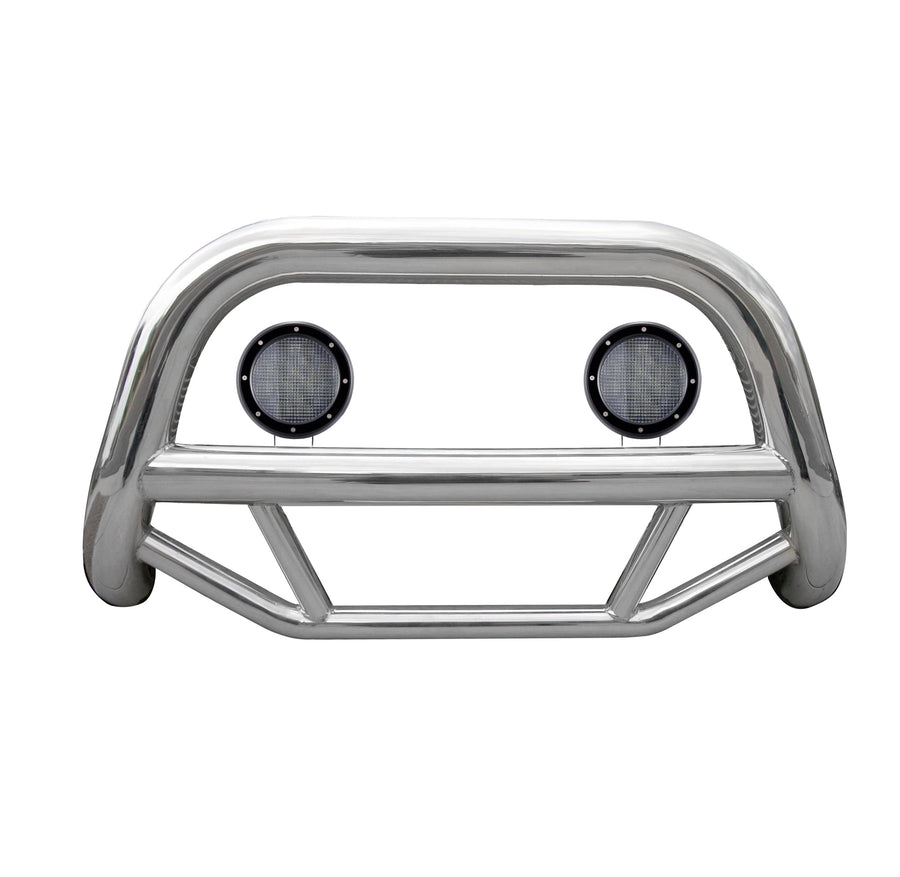 Max Bull Bar Black Horse No Skid Plate Stainless Steel Come with Pair of 5.3" Dia. LED Flood Lights w/Black Trim Rings Compatible with 2007-2021-Toyota Tundra-MBS-TOD1009-PLFB