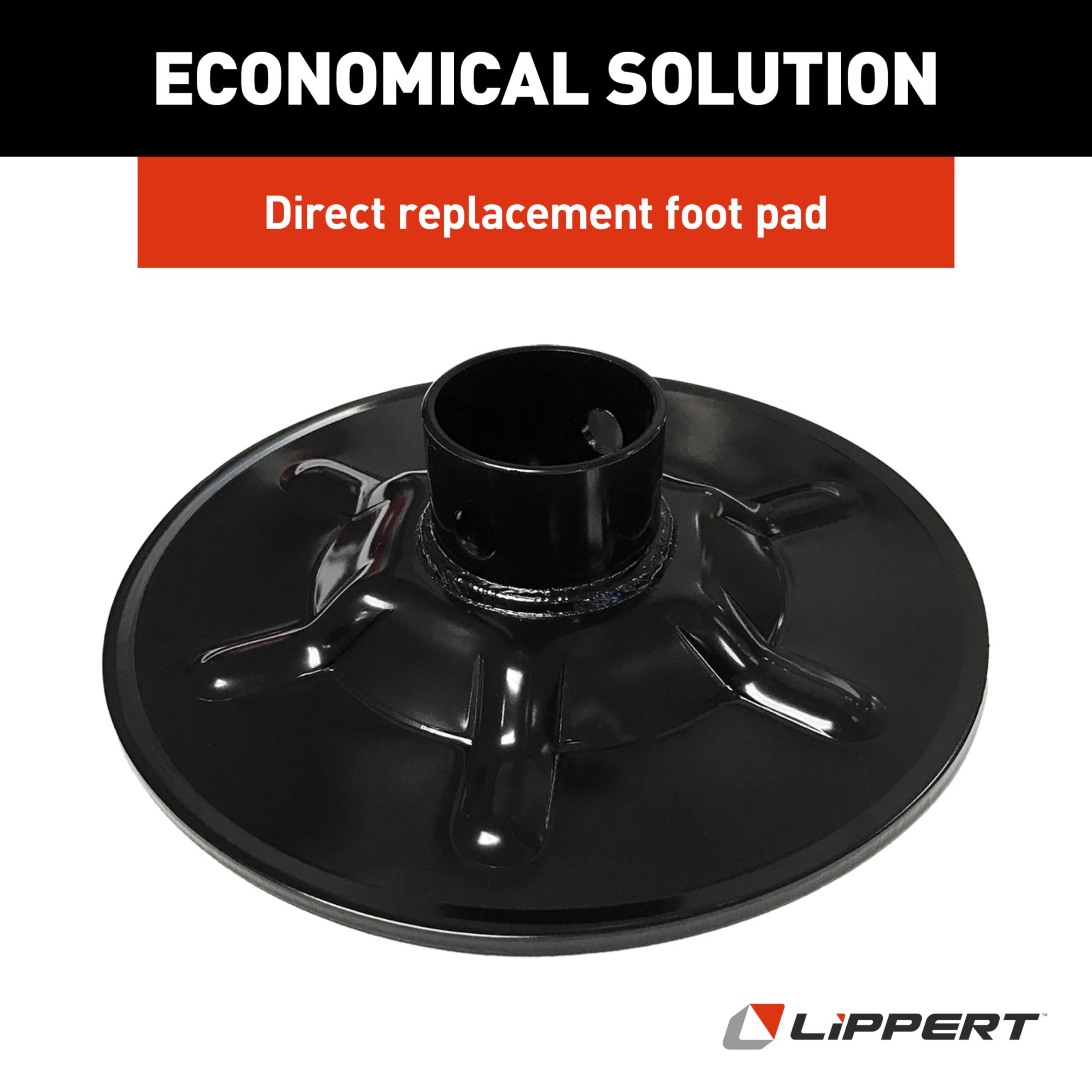 Lippert Ground Control 3.0 Replacement Hall Effect Rear Jack Foot Pad, 9" Diameter, Fits 2" I.D. Tube, Strong Black Powder-Coated Steel Construction, Easy Installation - 377962