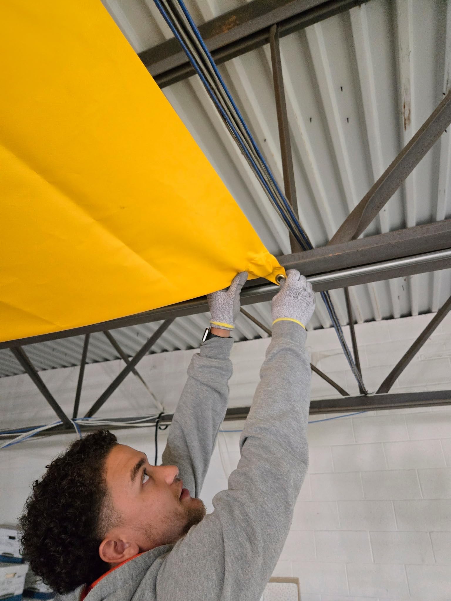 Justrite Leak Diverter Ceiling Tarp with Hose Connection and Corner Grommets, 20' x 20' Puncture-Resistant and Watertight PVC-Coated Fabric, for Temporary Leak Fix, Made in The USA, Yellow, 28318