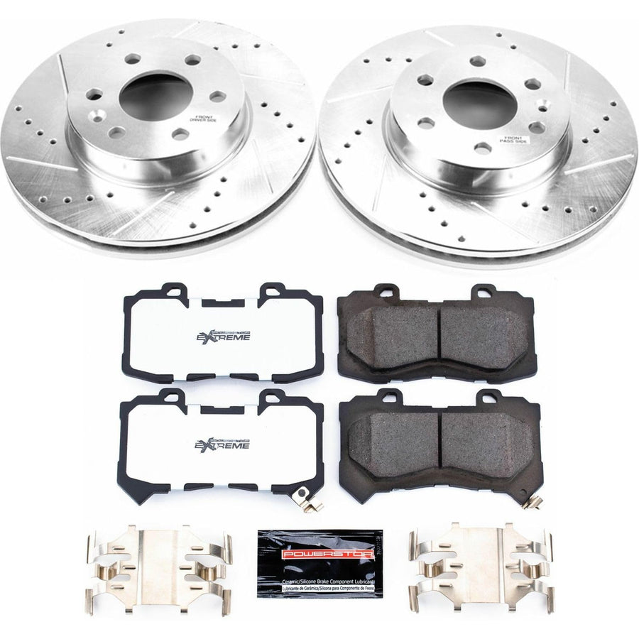 Power Stop Front Brake Kit For Chevrolet Colorado 2015 2016 2017 2018 2019 2020 - Truck & Tow Carbon Fiber Ceramic Brake Pads & Drilled and Slotted Rotors Replacement, K7126-36