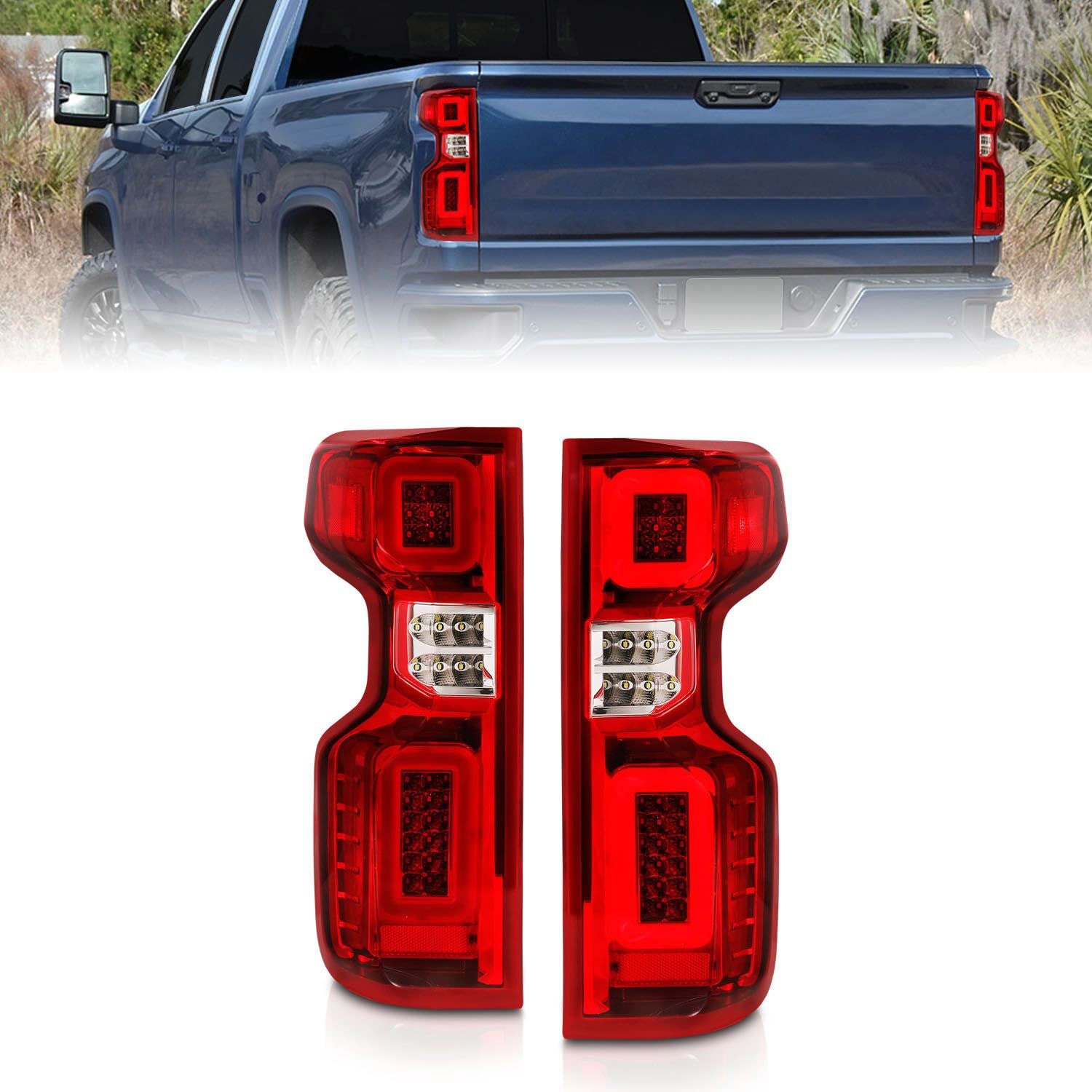 19-21 Chevy Silverado ANZO Work Truck Full LED Tailights Chrome Housing Red Lens G2(w/C Light Bars) (311419)