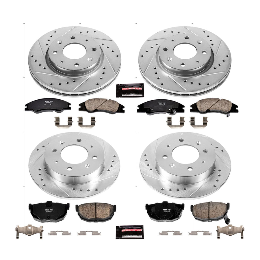 Power Stop K5904 Z23 Carbon Fiber Brake Pads Front and Rear with Drilled & Slotted Brake Rotors Kit For Kia Spectra 2004-2009, Kia Spectra5 2005-2009 [Model Specific]