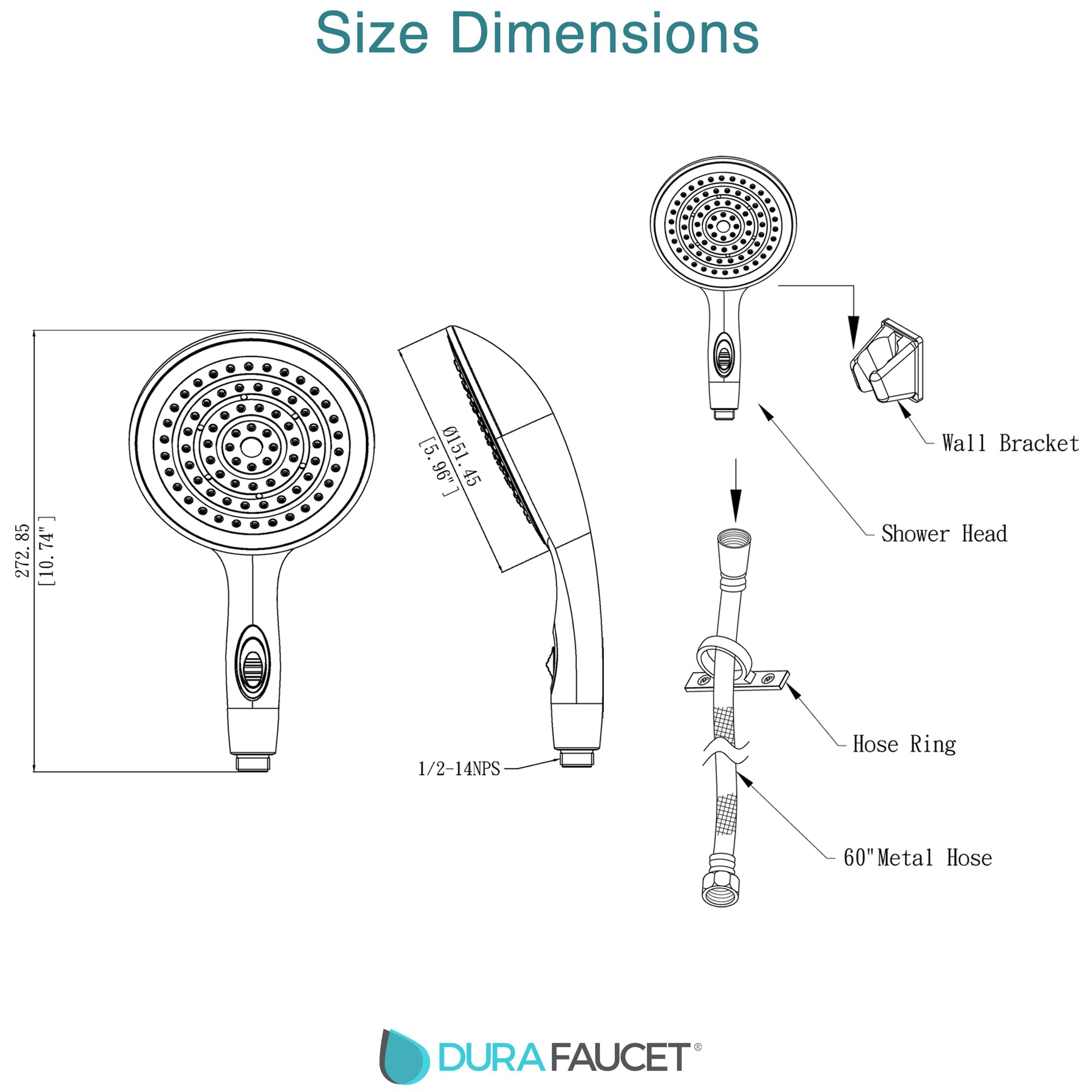 Dura Faucet Luxury 6” Rain Shower Wand & Hose Kit (DF-SA434K-SN) – Satin Nickel, RV Handheld Shower Head with Eco-Friendly On/Off Switch, 60” Stainless Steel Hose, Wall Bracket & Hardware