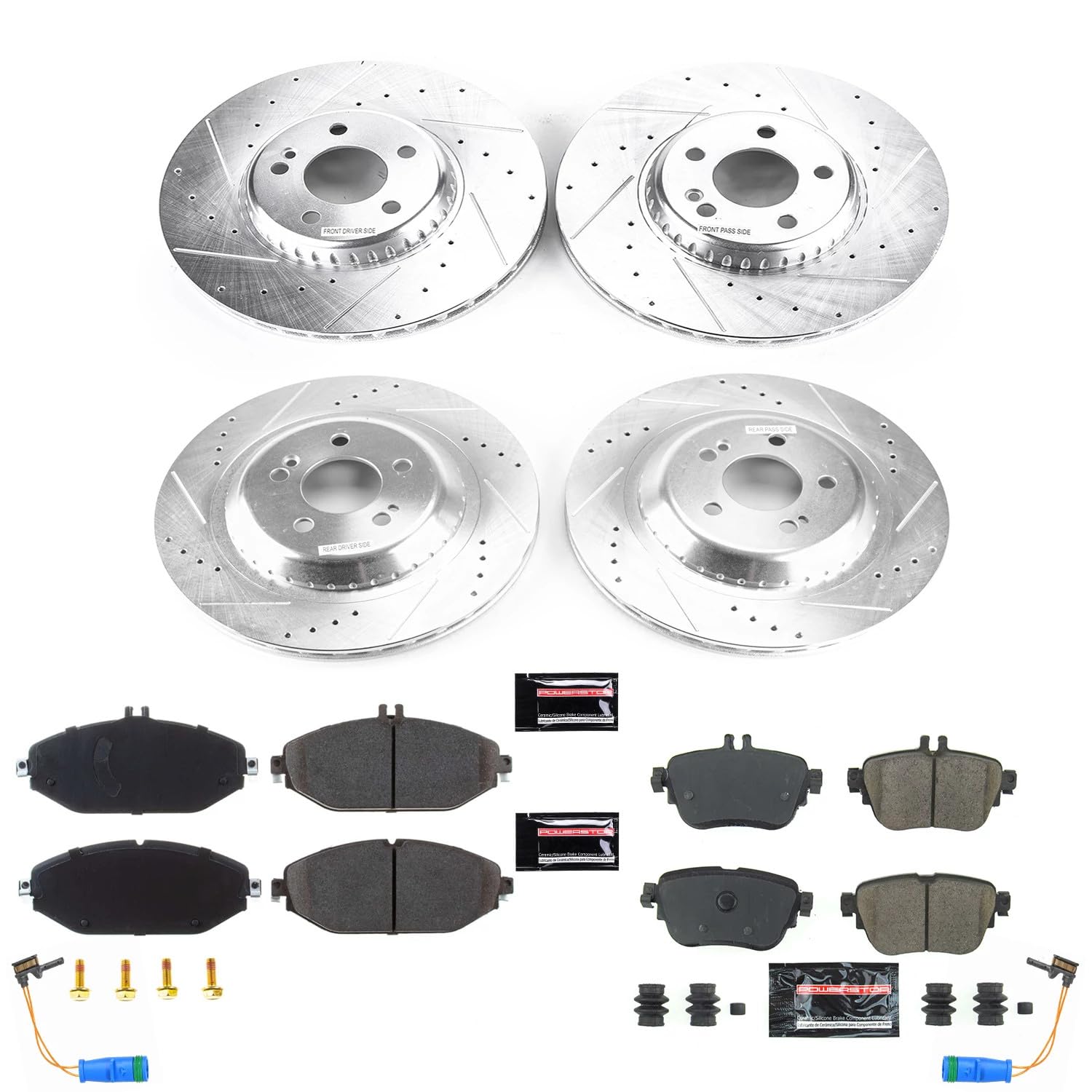 Power Stop K8074 Z23 Carbon Fiber Brake Pads Front and Rear with Drilled & Slotted Brake Rotors Kit For Mercedes-Benz E300 2018-2019 [Model Specific]