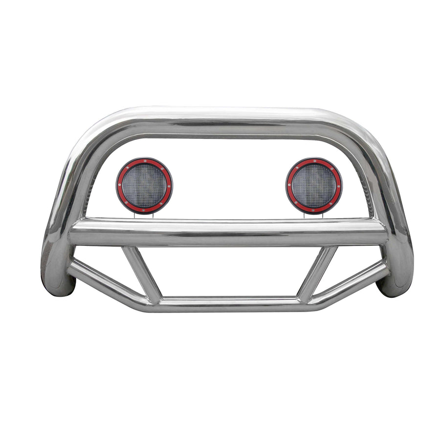 Max Bull Bar Black Horse Incl. Pair of 5.3" Dia.LED Lights w/Red Trim Rings No Skid Plate Stainless Steel Compatible with 1998-2004 Nissan Frontier|2000-2004 Nissan Xterra-MBS-NIB1401-PLFR