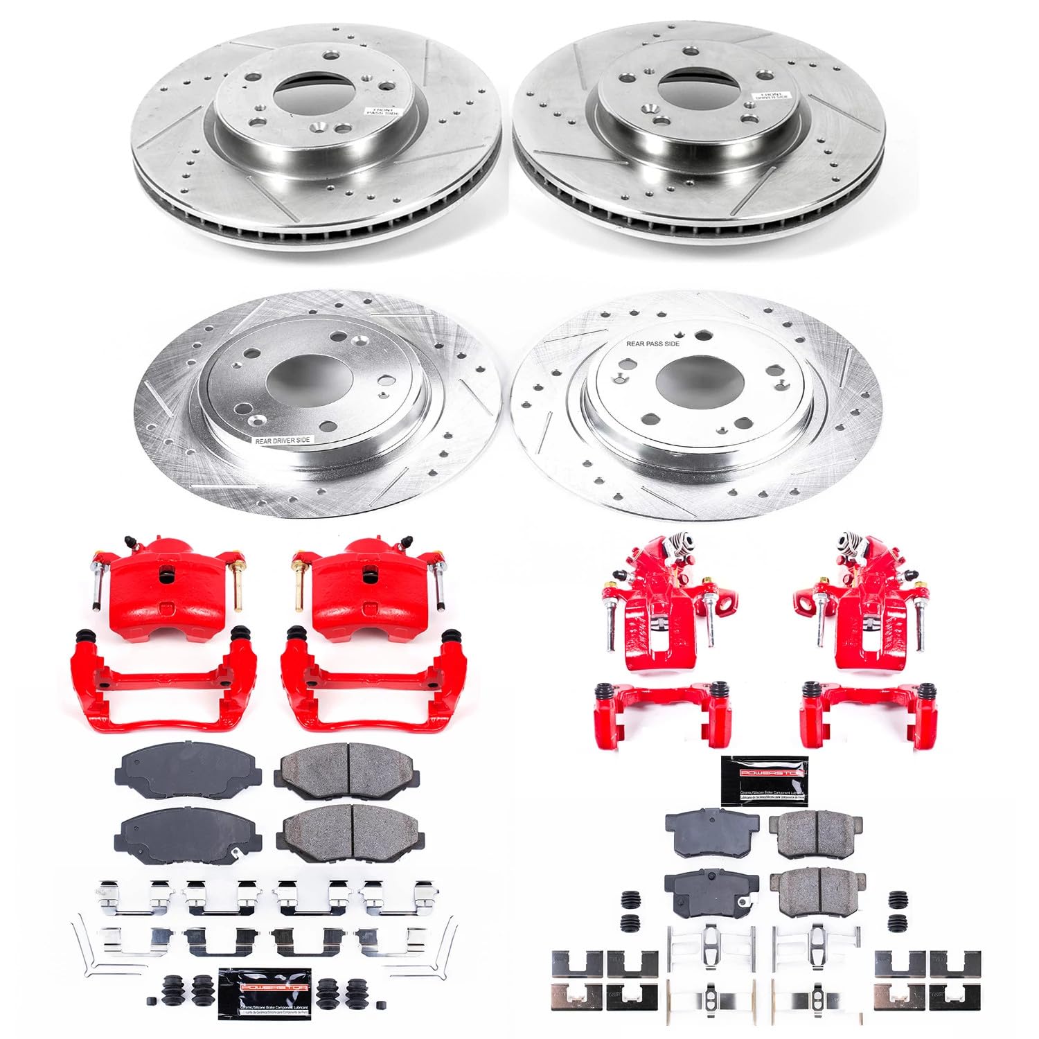 Power Stop Z23 Evolution Front and Rear Caliper Kit-Drilled/Slotted Rotors, Brake Pads & Carbon Ceramic Calipers