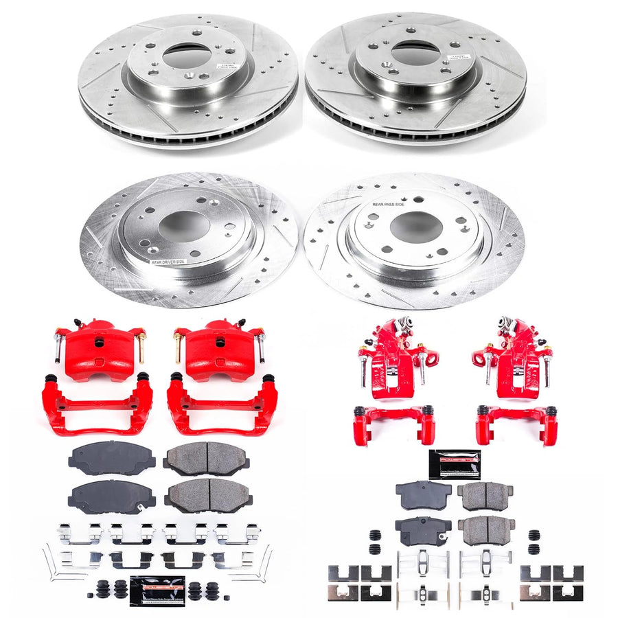 Power Stop Z23 Evolution Front and Rear Caliper Kit-Drilled/Slotted Rotors, Brake Pads & Carbon Ceramic Calipers