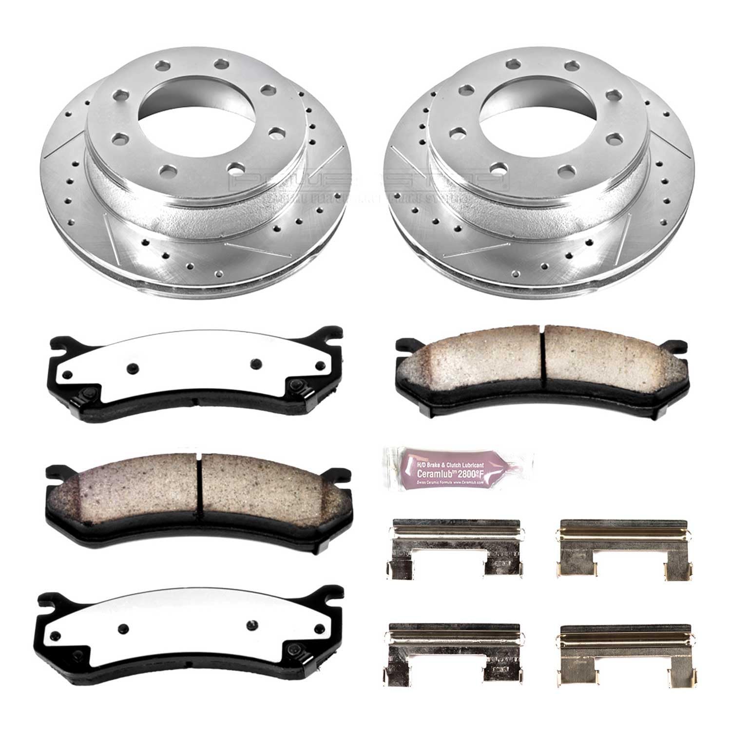 Rear Brake Kit Power Stop For 2001 2002 2003 Chevrolet Silverado 1500 HD - Truck & Tow Carbon Fiber Ceramic Brake Pads & Drilled and Slotted Rotors Replacement, K2036-36