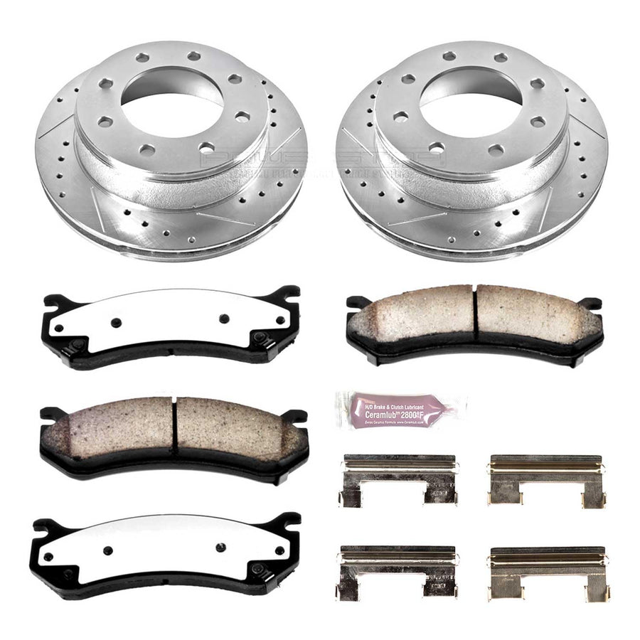 Rear Brake Kit Power Stop For 2001 2002 2003 Chevrolet Silverado 1500 HD - Truck & Tow Carbon Fiber Ceramic Brake Pads & Drilled and Slotted Rotors Replacement, K2036-36
