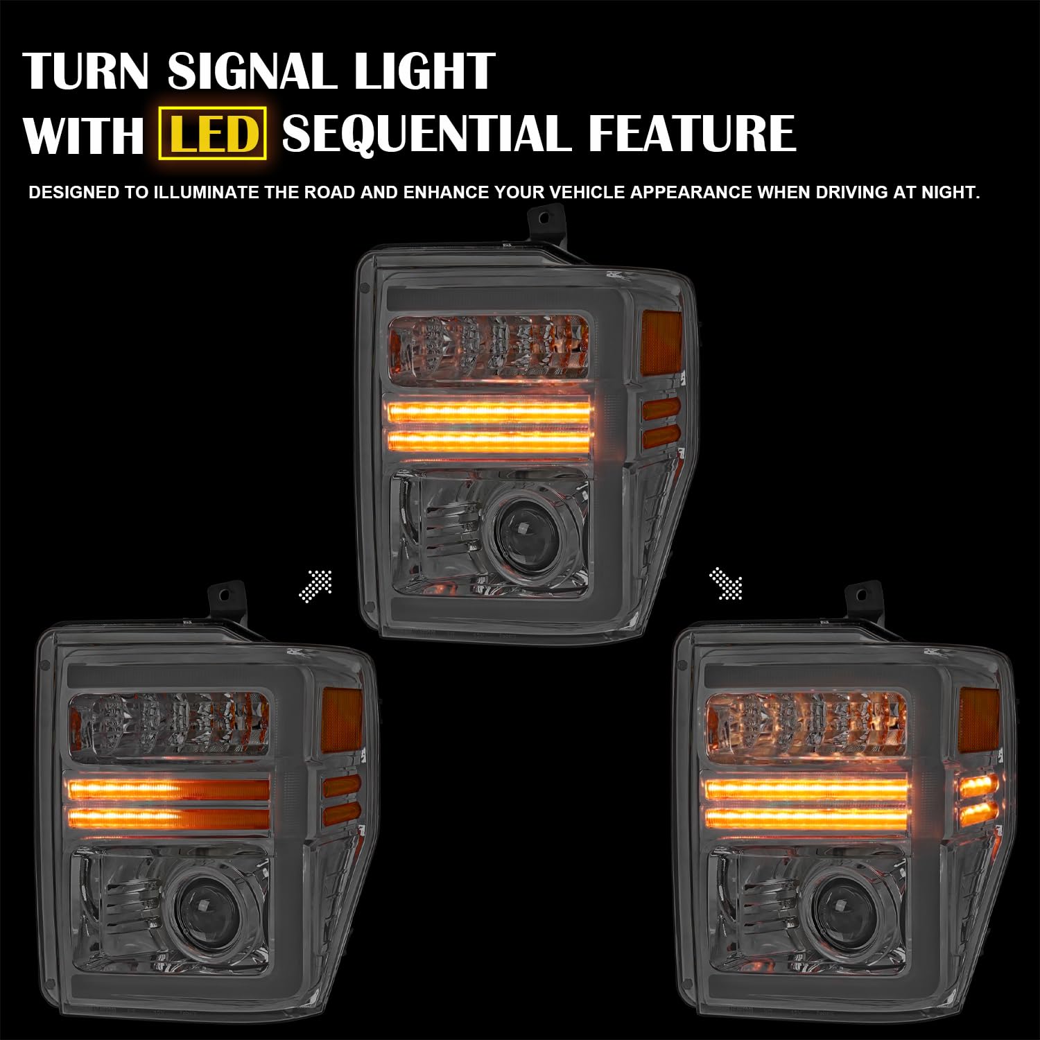 Chrome Projector Headlights SPEC-D TUNING with Sequential LED Turn Signal Light Strips Compatible with 2008-2010 Ford F-250, F-350, F-450, F-550 Super Duty, Left + Right Pair Headlamps Assembly