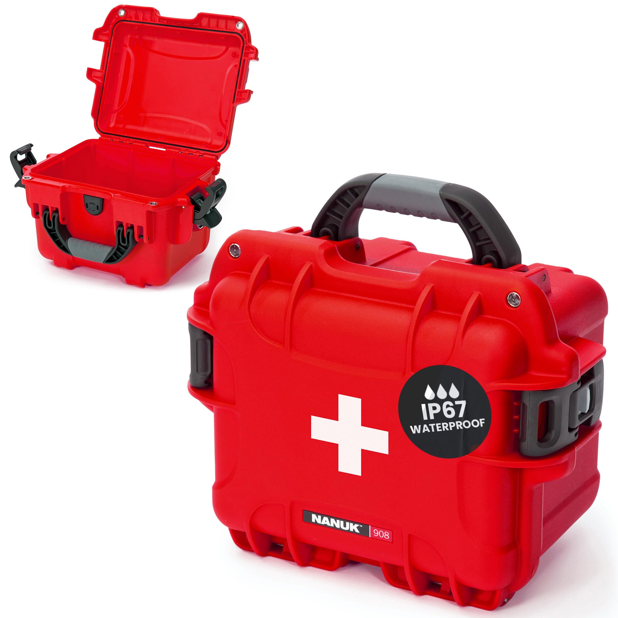 NANUK Waterproof 908 First Aid Box Empty – Durable, Medical First Aid Organizer Case, IP67-Rated, Dustproof, Impact-Resistant, and Floats (9.5" x 7.5" x 7.5") – Red