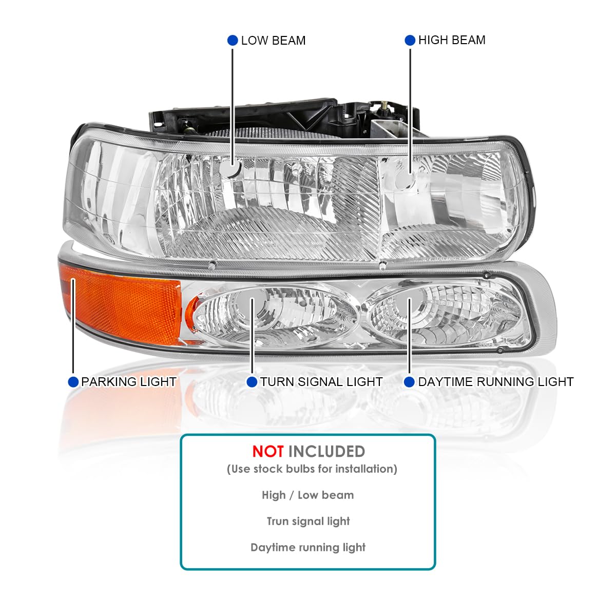 Chrome Headlights + Bumper Lights SPEC-D TUNING Compatible with 1999-2002 Chevy Silverado 2000-2006 Tahoe Suburban, Left + Right Pair Headlamps Assembly