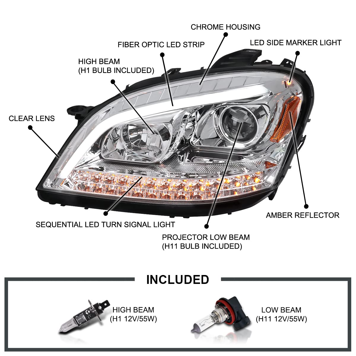 Chrome Projector Headlights w/LED Sequential Signal SPEC-D TUNING Compatible with 2006-2008 Mercedes Benz W164 ML350 ML500 ML-Class, Left + Right Pair Headlamps Assembly
