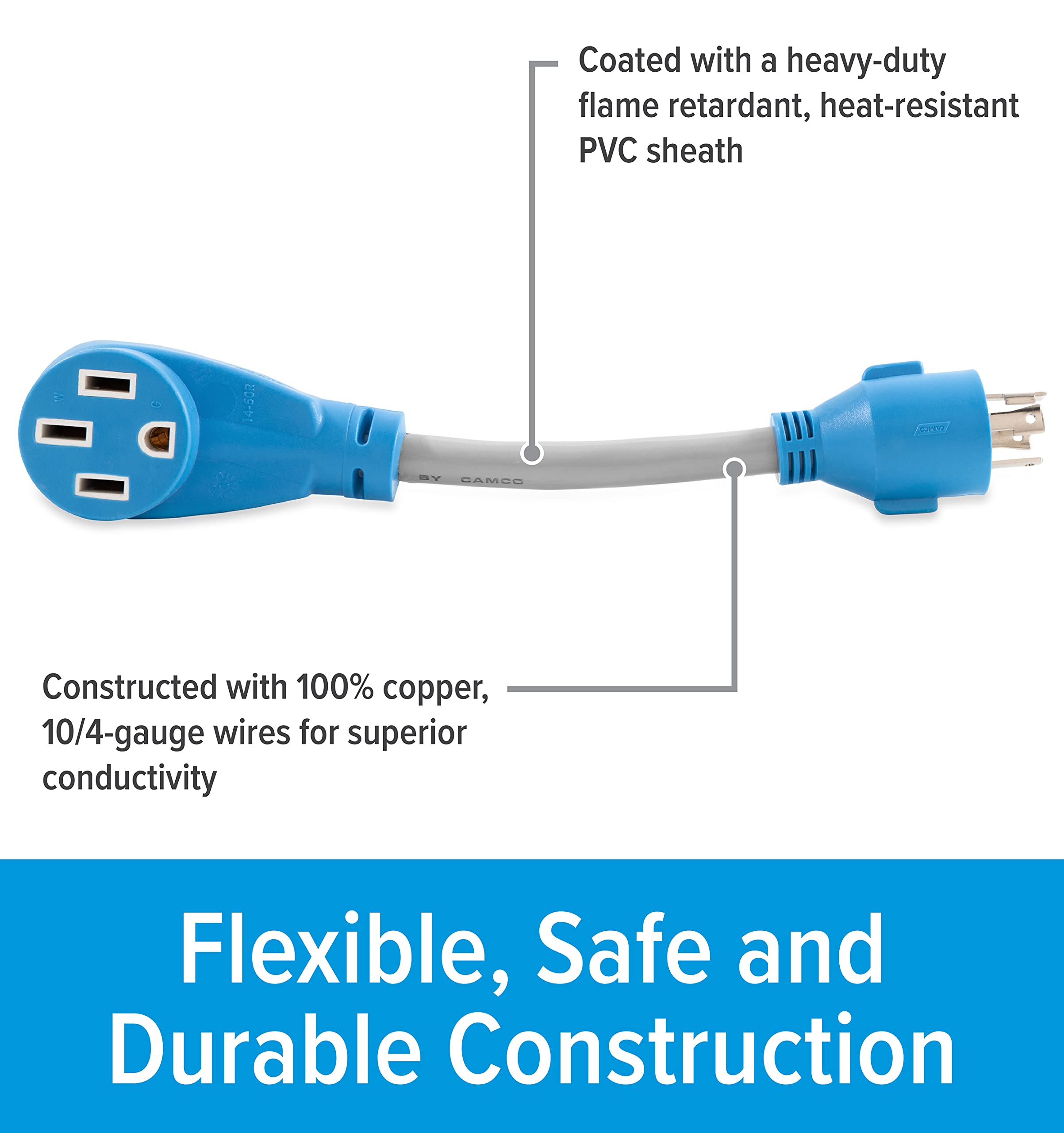PowerGrip Camco Electric Vehicle Locking Generator Adapter | Features Heavy-Duty PVC Sheath Construction, a 30-AMP Locking Male and a 50-AMP Female Connection, and is Rated for 125/250 Volts (55441)