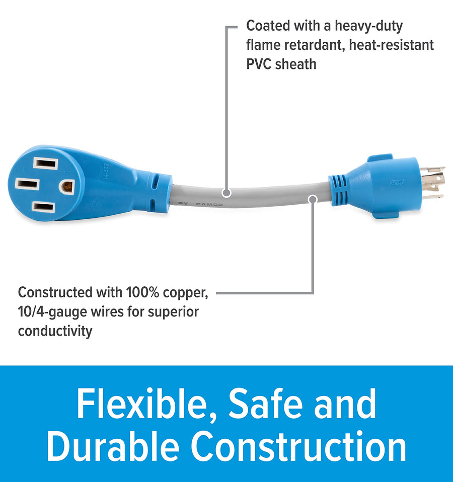 PowerGrip Camco Electric Vehicle Locking Generator Adapter | Features Heavy-Duty PVC Sheath Construction, a 30-AMP Locking Male and a 50-AMP Female Connection, and is Rated for 125/250 Volts (55441)