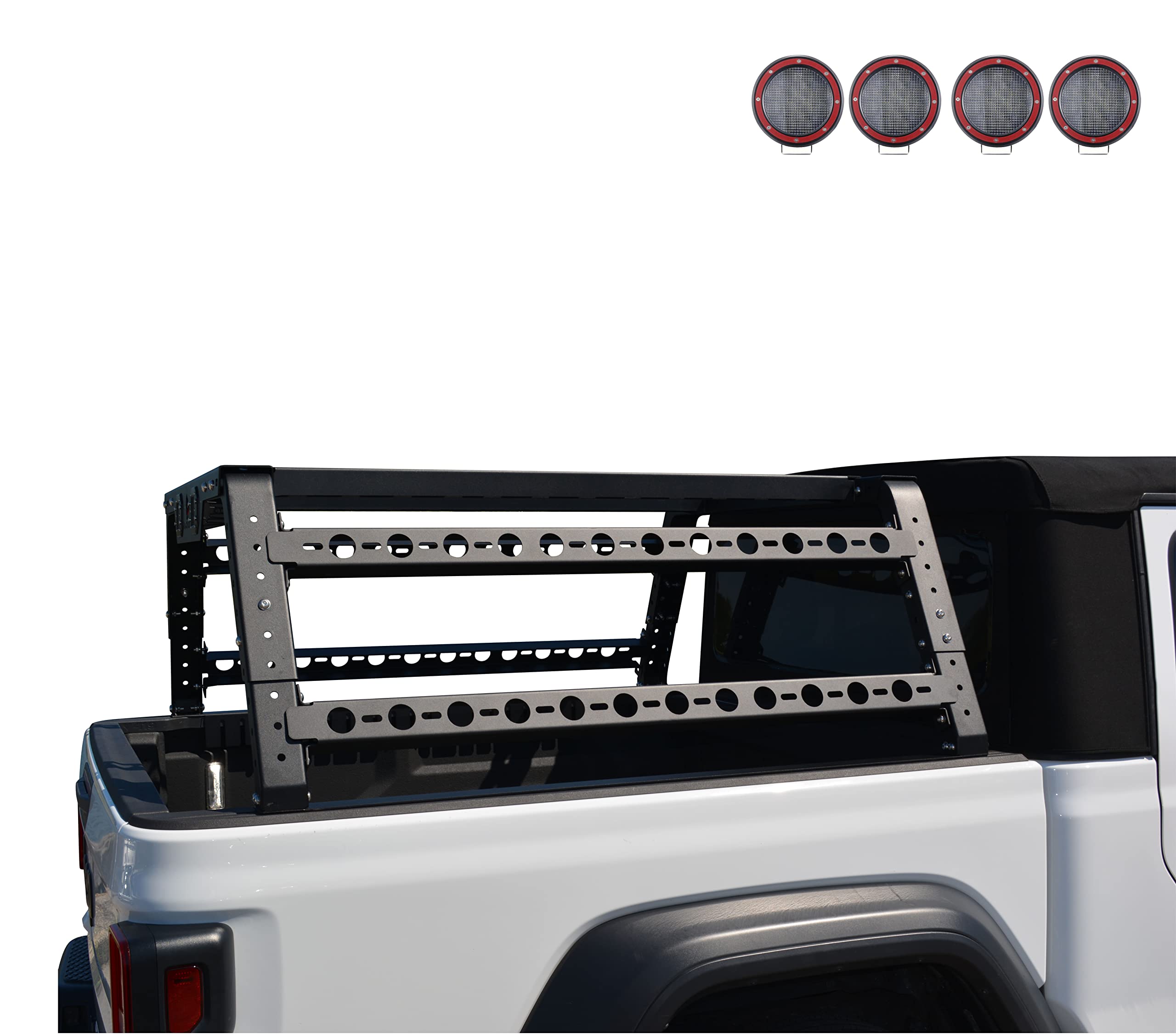 Overland Black Horse Bed Rack Incl. Set of 5.3" Dia.LED Lights w/Red Trim Rings Compatible with Full Size and Small Trucks, Dodge Ram, Gladiator, Titan, GMC, Chevrolet, Ford, Frontier-TR01B