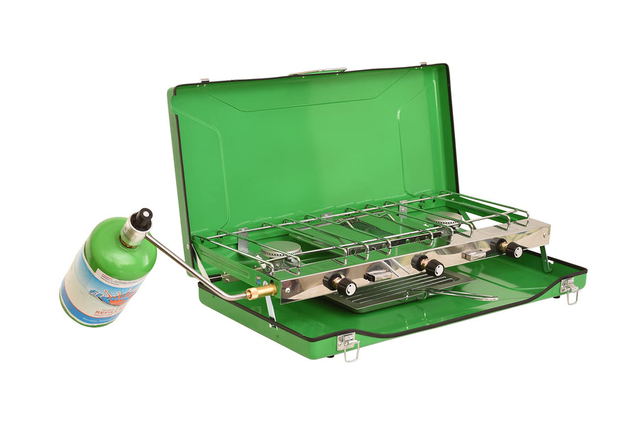 Flame King 3-Burner YSNBBQ-136M Portable Camping Stove Grill w/Toast Tray, Great for Outdoor Cooking, Backpacking, Compatible with 1LB Propane Gas Bottle