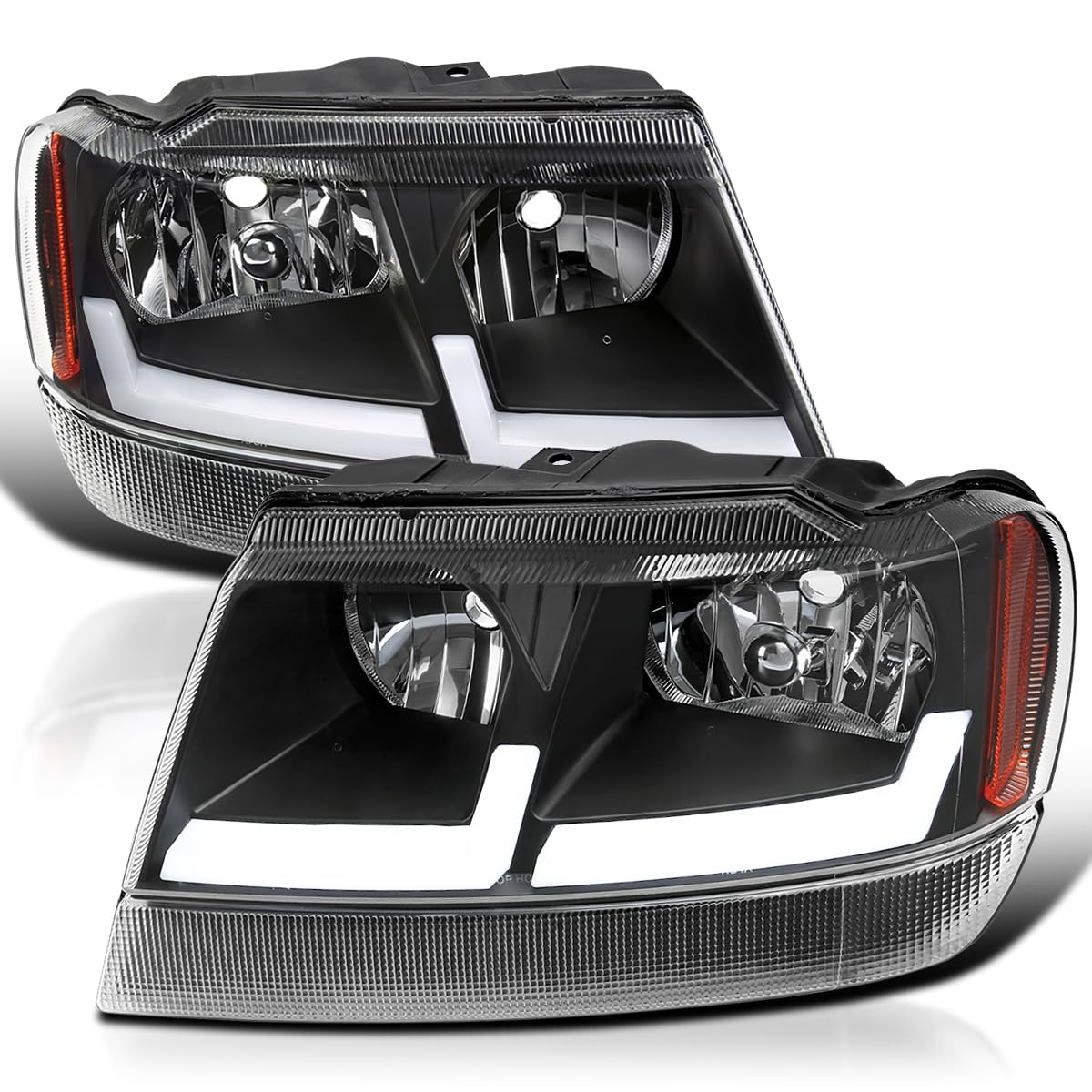 Black Headlights with Fiber Optic LED Strips SPEC-D TUNING Compatible with 1999-2004 Jeep Grand Cherokee, Left + Right Pair Headlamp Assembly