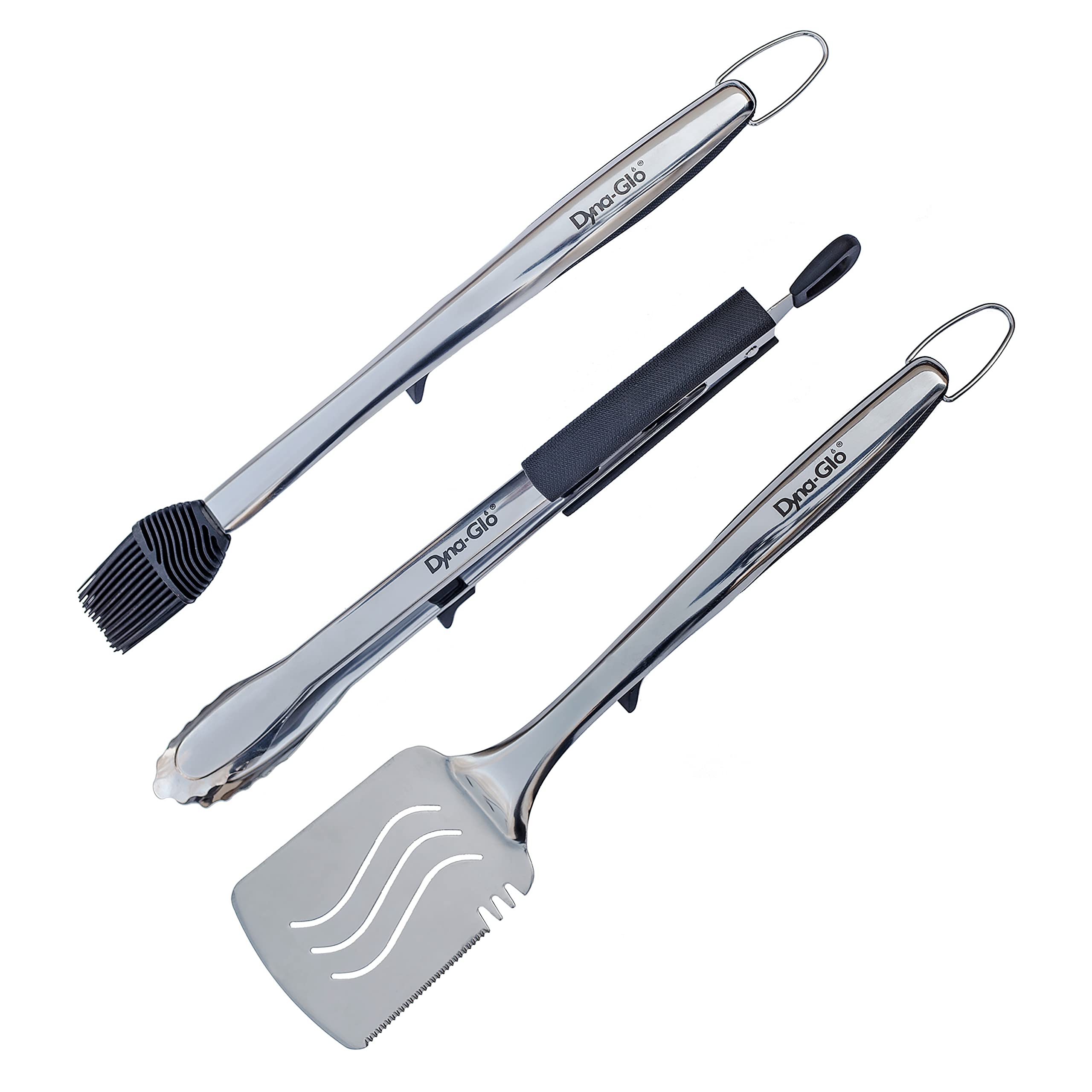 3PC Dyna Glo Stainless Steel Grill Set. Tong, Spatula, Basting Brush - W. Stands