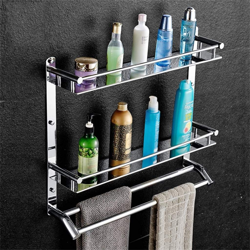304 Stainless Steel BTBT Double Shelves with Towel Rack, Multi-Use Bathroom Brackets, Wall Mounted Shelf for Bathroom Punching (Size: 50cm)