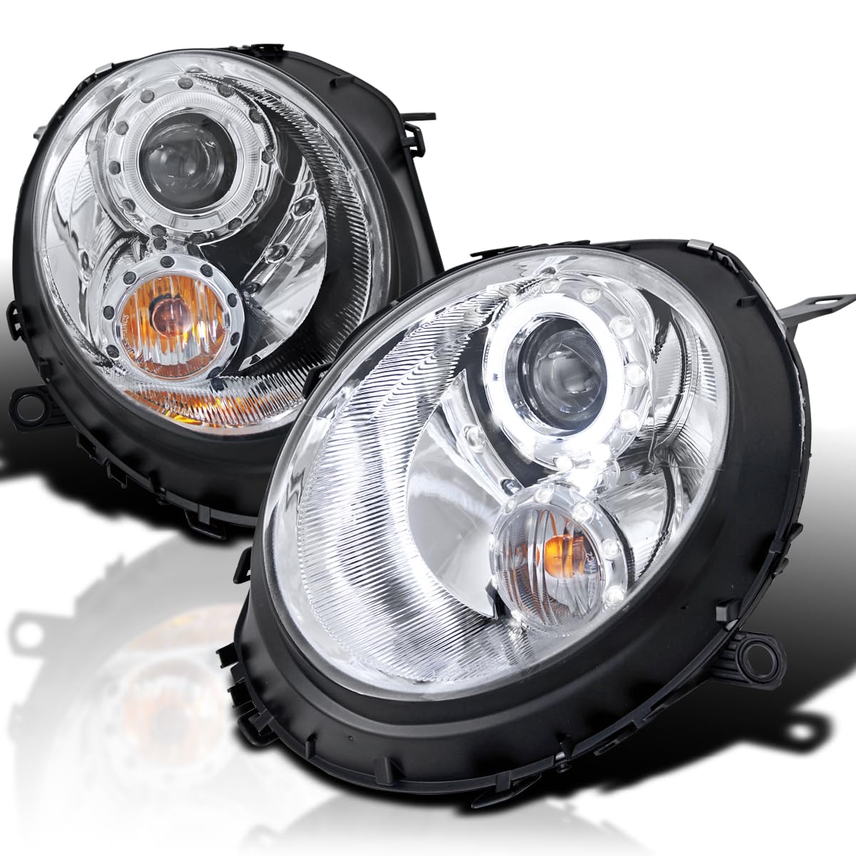 Halo Chrome Housing SPEC-D TUNING Clear Lens Projector Headlights Compatible with 2007-2013 R56 MINI Cooper Models, Left + Right Pair Headlamps Assembly