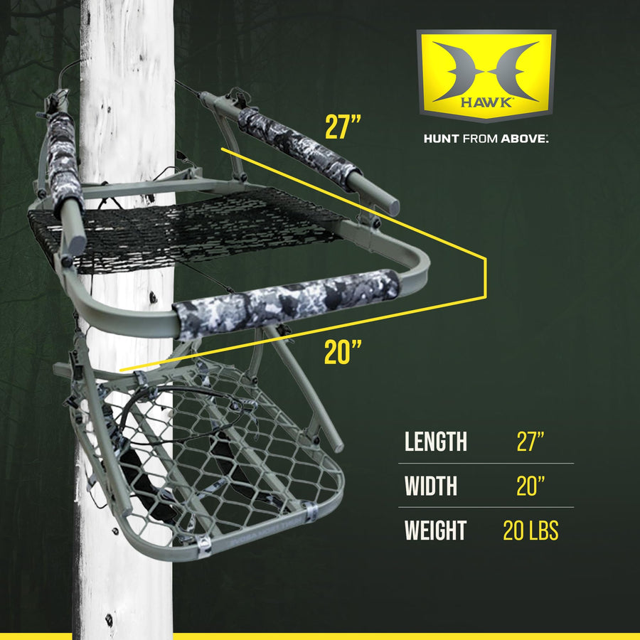 Ultra-Lite Hawk Climber, Hang-On Tree Stand Hunting Gear with Memory Foam Seat, All-Welded Platform, Foot Rest for Mobile Hunters, 38.75 x 23.25 Inch