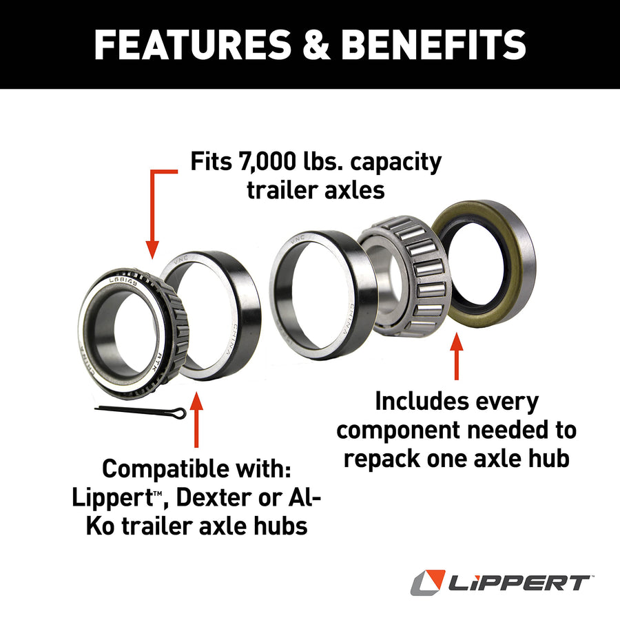 Lippert Replacement Trailer Bearing Kit for Repacking Axle Hubs, Fits 7,000-lb. Capacity RV Trailer Axles in a Variety of Brands - 333951