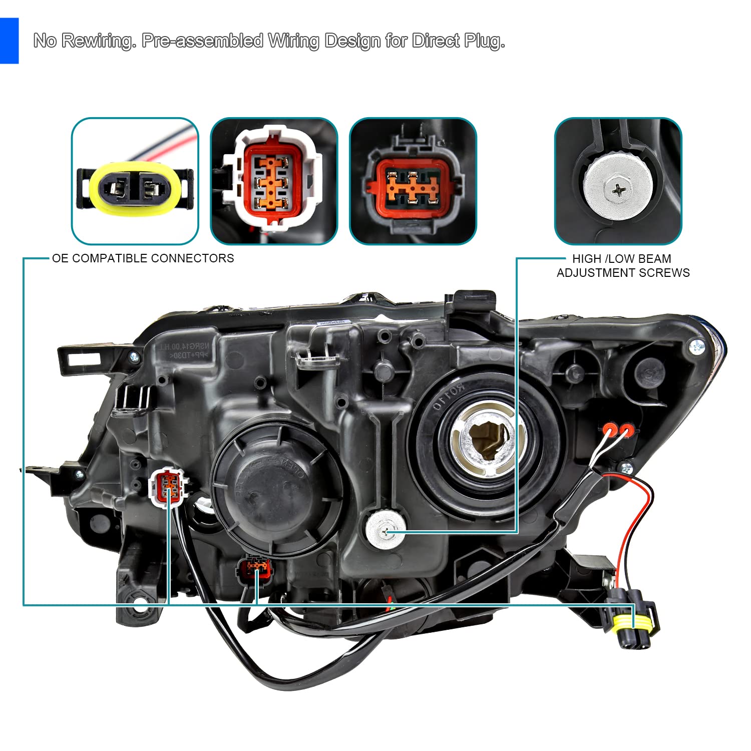 Right Passenger Side SPEC-D TUNING Black Headlight w/LED Strip Compatible with 2014-2016 Nissan Rogue