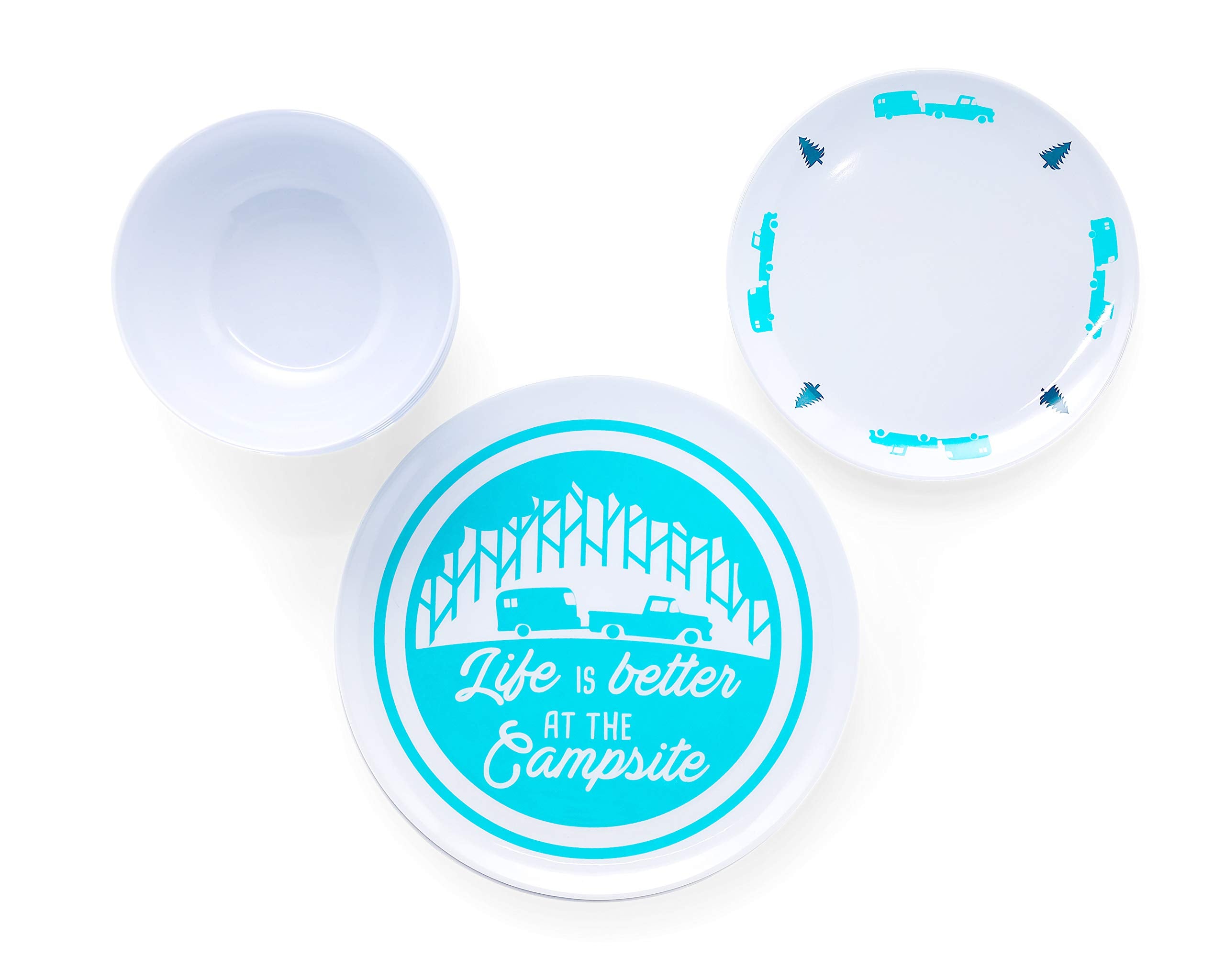 Camco Dishware Set Life is Better at The Campsite | Includes (4) Large Dinner Plates, (4) Small Salad Plates and (4) Bowls | Top Rack Dishwasher Safe | Blue Tree and Truck Design (53294)