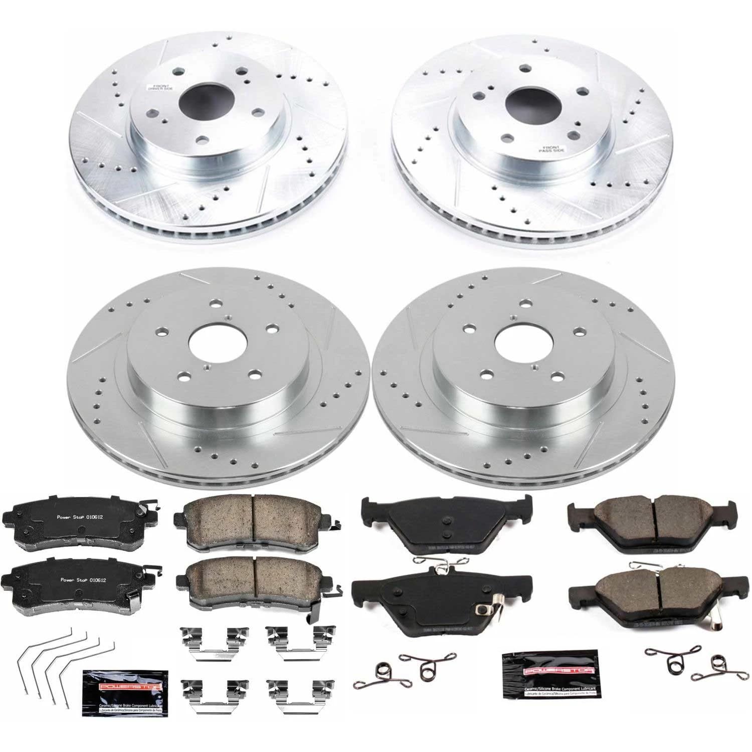 Power Stop K7357 Z23 Carbon Fiber Brake Pads Front and Rear with Drilled & Slotted Brake Rotors Kit For Subaru Legacy 2016-2019 [Model Specific]