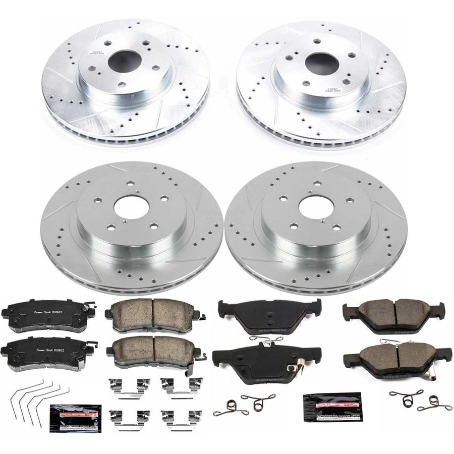 Power Stop K7357 Z23 Carbon Fiber Brake Pads Front and Rear with Drilled & Slotted Brake Rotors Kit For Subaru Legacy 2016-2019 [Model Specific]