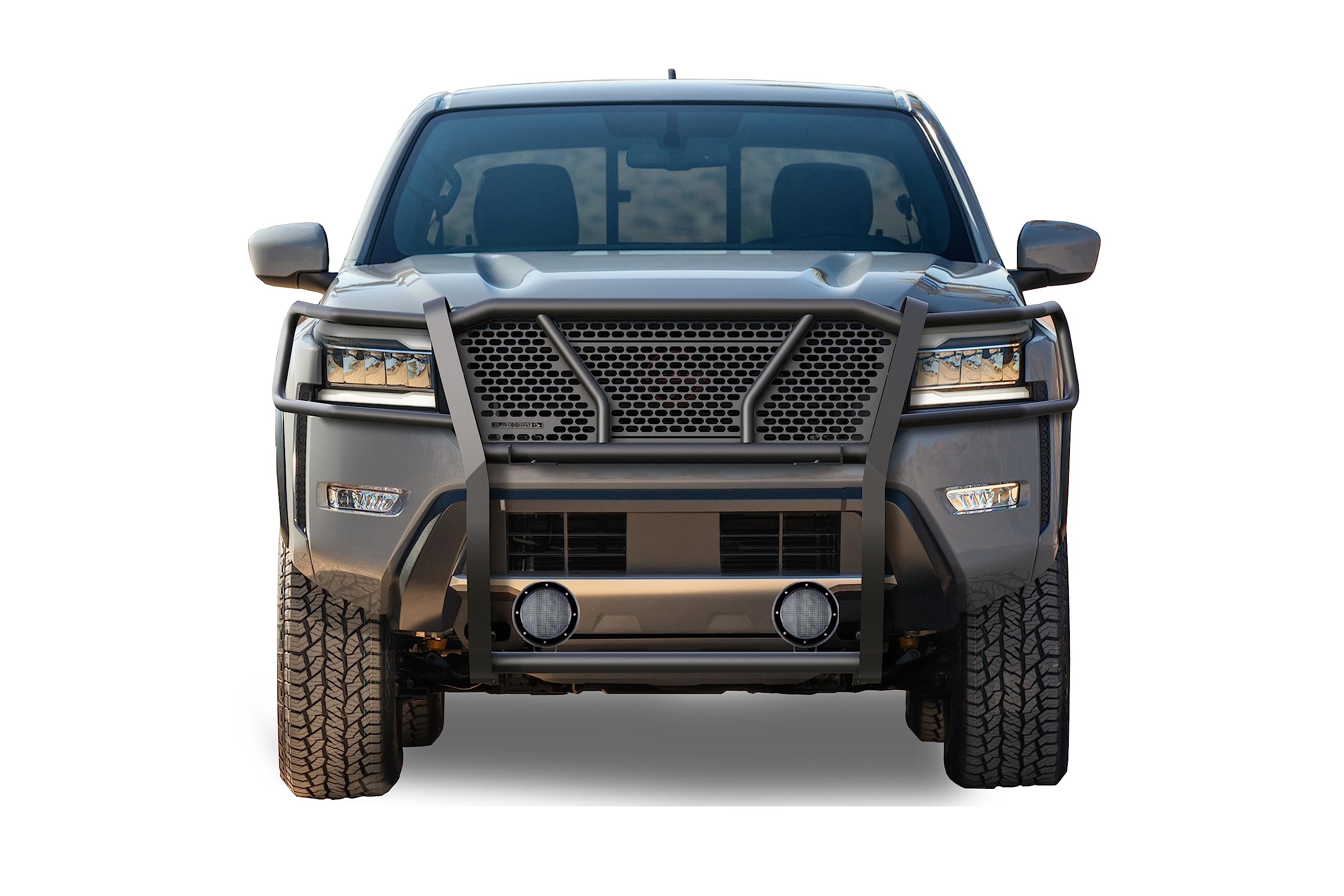 Heavy Duty Black Horse Rugged Grille Brush Bumper Guard Modular Black Come with Pair of 5.3" Dia.LED Lights with Black Trim Rings Compatible with 2022-2024 Nissan Frontier-RU-NIFR22-B-PLFB