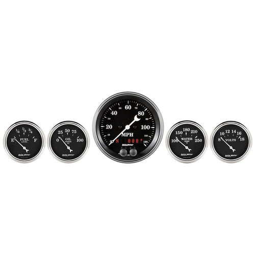Gauge Kit AUTO METER 1750 (Old TYME Black 5 Pc, 3 3/8" & 2 1/16", GPS Speedometer, Old TYME Black)