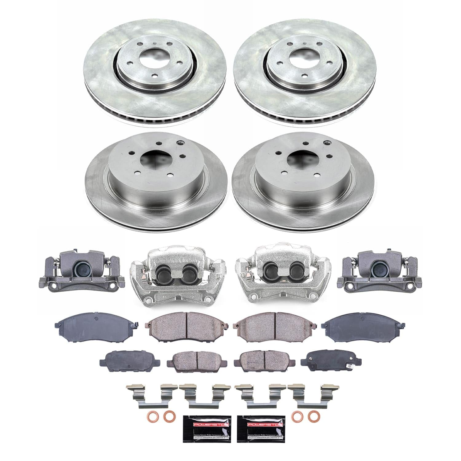 POWERSTOP Stock Replacement Brake Pads and Rotors Kit with Calipers Front and Rear For INFINITI FX35 2009 [Vehicle Specific]