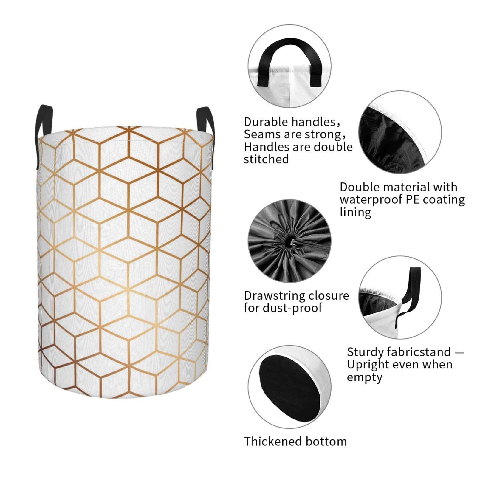 Marble Texture Large Storage Baskets, Pattern Design With Golden Cubes, Geometric, Drawstring Waterproof Round Collapsible Laundry Hamper for Dirty Clothes Toy Home Office 21.6"X16.5"