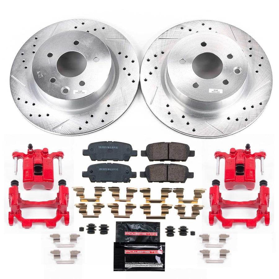 Rear Z23 Brake Pads and Rotors Brake Kit POWERSTOP with Red Powder Coated Calipers For INFINITI EX35 2008-2009, INFINITI M35 2010, INFINITI M45 2010, Nissan 370Z 2009 [Vehicle Specific]
