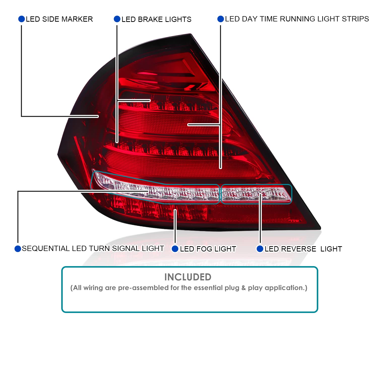 Red Full LED Sequential Tail Lights SPEC-D TUNING Compatible with 2001-2004 Mercedes-Benz W203 C-class Sedan