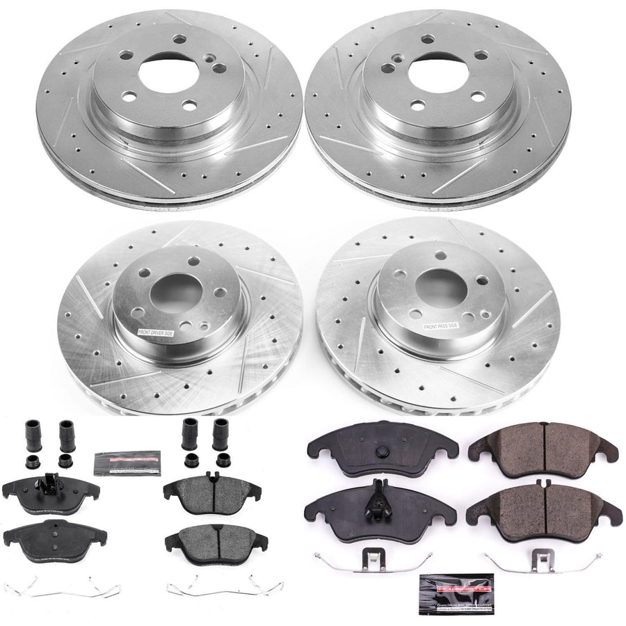 Power Stop K7760 Z23 Carbon Fiber Brake Pads Front and Rear with Drilled & Slotted Brake Rotors Kit and 1 Front & 1 Rear Sensor Wires For C, C350, E350, E400 [Model Specific]