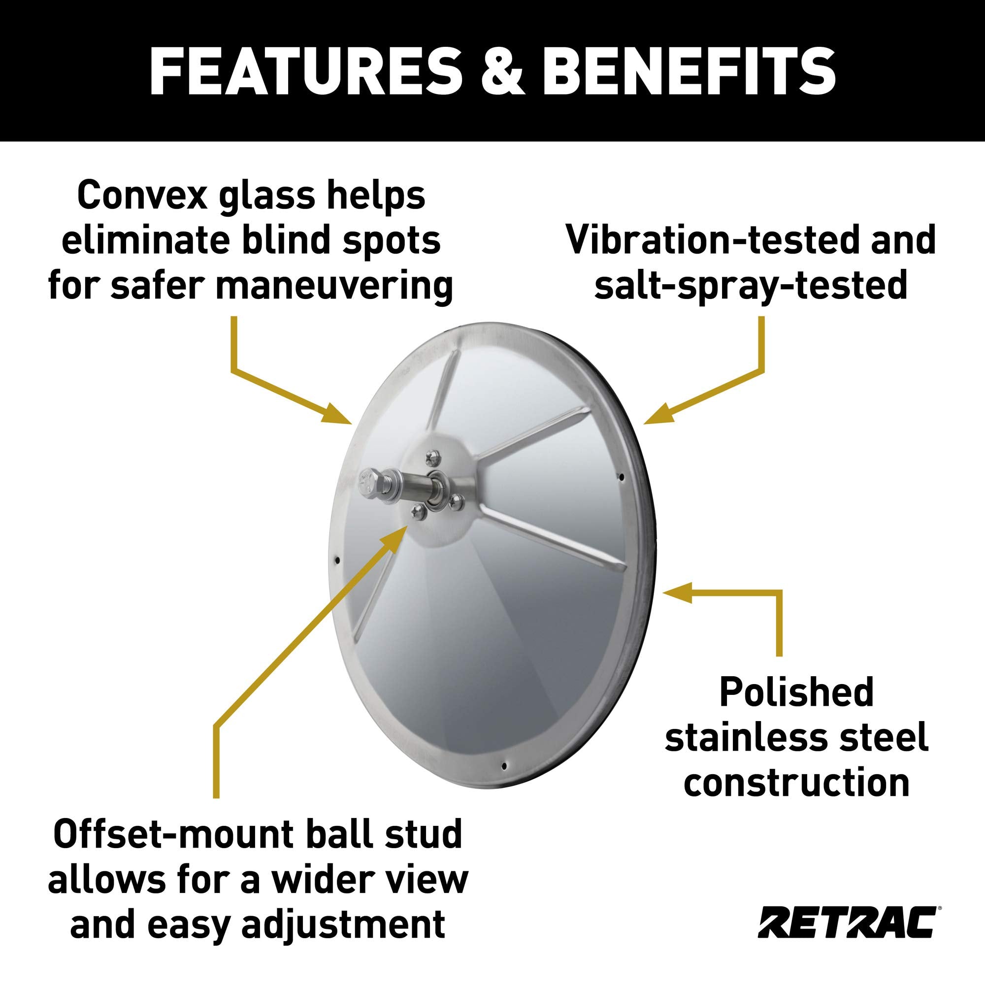 8-Inch Stainless Steel RETRAC Offset-Mount Convex Mirror Head, Universal Driver or Passenger Side