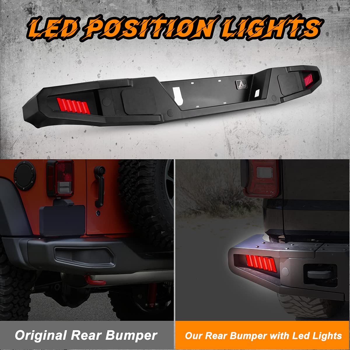 Rear Bumper WOLFSTORM Compatible with 2019 2020 2021 Jeep Gladiator JT, Rock Crawler Full Width with 2 Led Lights/Hitch Receiver