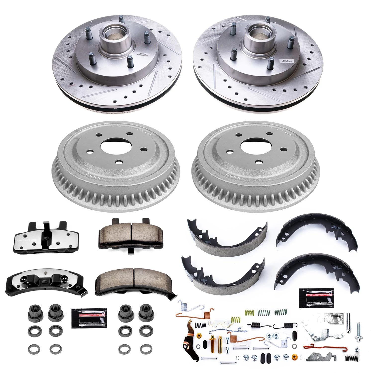 Power Stop Brake Kit Front and Rear For 1994 1995 1996 1997 1998 1999 Dodge Ram 1500 - Truck & Tow Carbon Fiber Ceramic Pads, Drums, & Drilled and Slotted Rotors Replacement, K15032DK-36